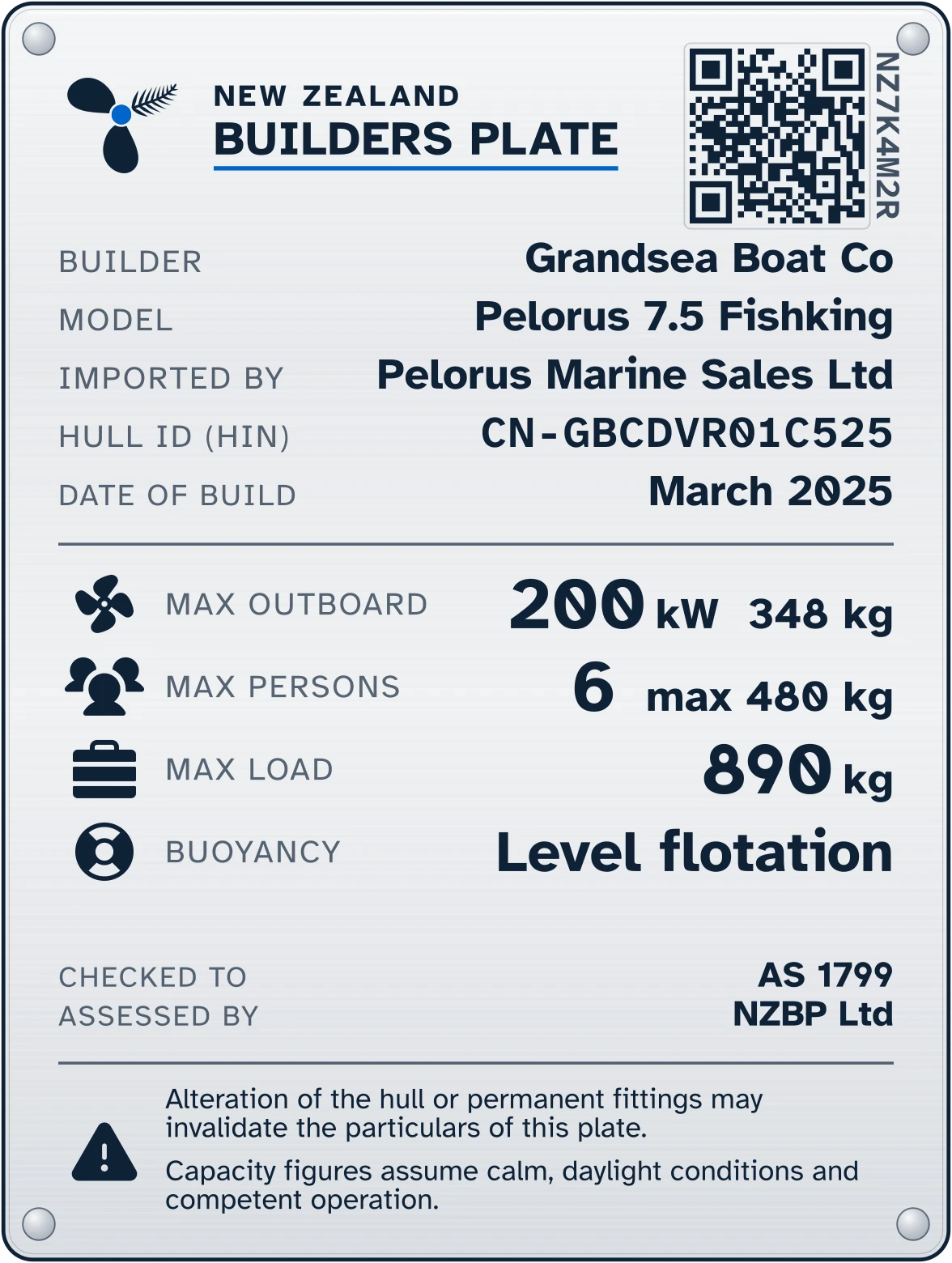 A sample New Zealand Builders Plate for a Pelorus 7.5 Fishking built by Grandsea Boat Co, checked to AS 1799