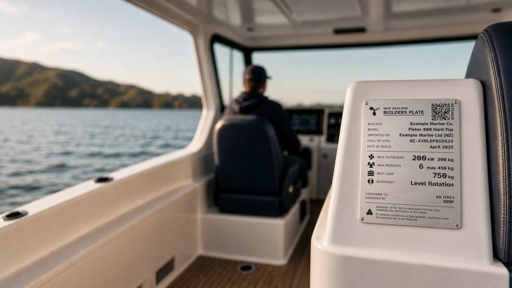 A New Zealand Builders Plate mounted inside a Fisher 800 Hard-Top vessel