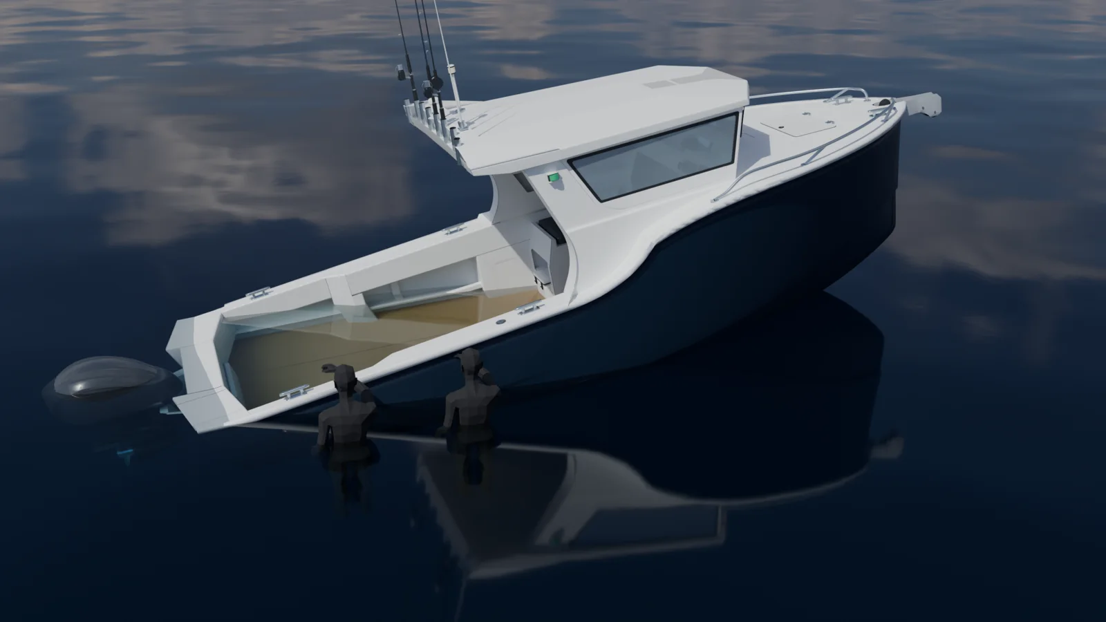 A 7.5 m boat swamped with basic flotation, stern down with the transom at the surface and two people in the water holding the side.