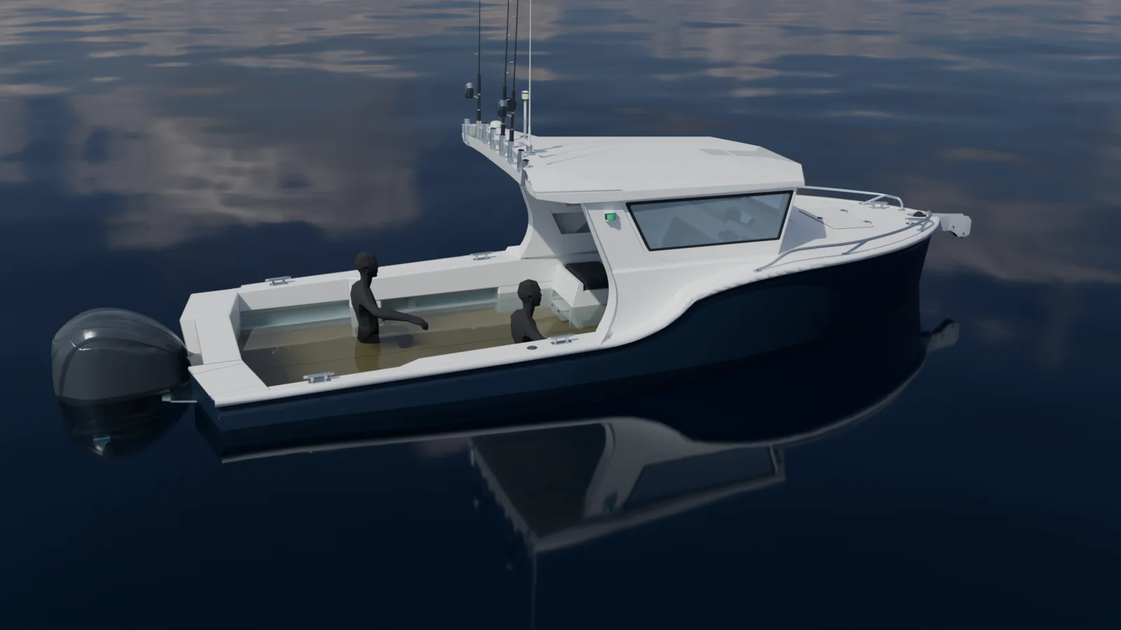 The same boat swamped with level flotation, upright with the gunwale clear and two people sitting in the flooded cockpit.